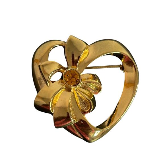 Vintage Goldtone Brooch Pin Heart Shape with Bow Orange Crystal 1.5 Inch - Picture 5 of 6